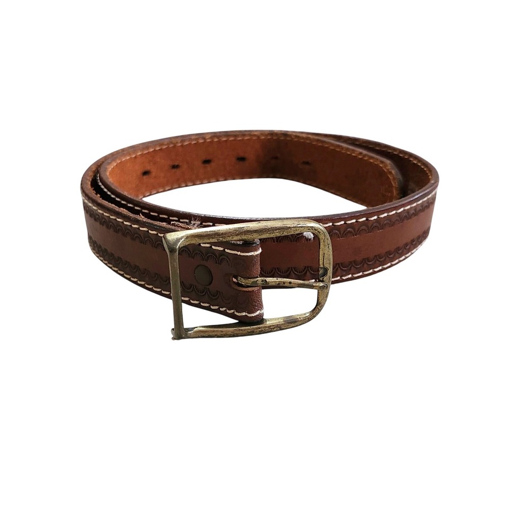 Cowhide Leather Belt Tooled Drum Dye Women 30 Brown Brass Buckle Contrast Stitch
